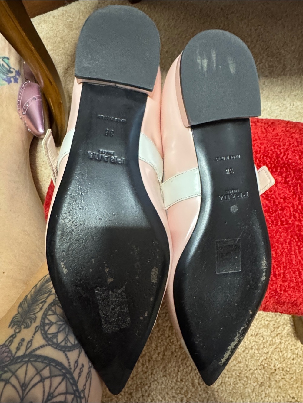 Prada Calfskin Women’s Pointed Toe Mary Jane Flats in Light Pink and White - Picture 4 of 5